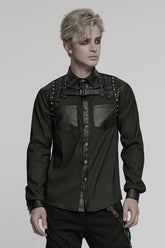 Black Lapel Collar Long Sleeves Faux Leather Stitching Buckle Men's Punk Blouse